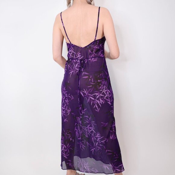 CALVIN KLEIN PURPLE BAMBOO LEAVES SHEER NIGHTGOWN - Picture 4 of 6